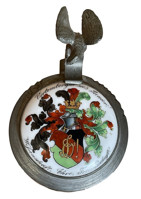 Vintage Glass Stein: Made of beveled glass with a pewter lid and hand painted insert. The inside description is dated 1909. The stein has scratches consistent with age. This item is in excellent condition. Approximately 5