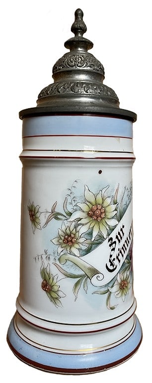 Vintage German Floral Beer Stein: Features hand-painted flowers and a pewter lid. This stein is in good condition. Approximately 9h x 4 diameter x 5 with handle x 5.75 deep.