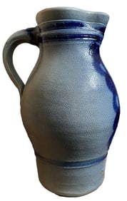 Old Stoneware Pitcher Jug Cobalt Blue Grey Salt Glaze Pottery