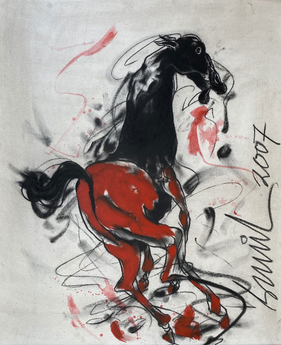 SUNIL DAS (1939 - 2015): Untitled (Bucking Horse) Mixed-Media on Canvas Signed & dated 2007 on the right Dimension: 36 x 30 in