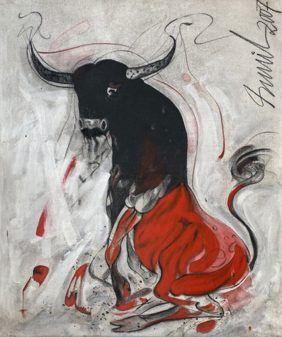 SUNIL DAS (1939 - 2015): Untitled (Bull) Mixed-Media on Canvas Signed & dated 2007 on the top right Dimension: 36 x 30 in