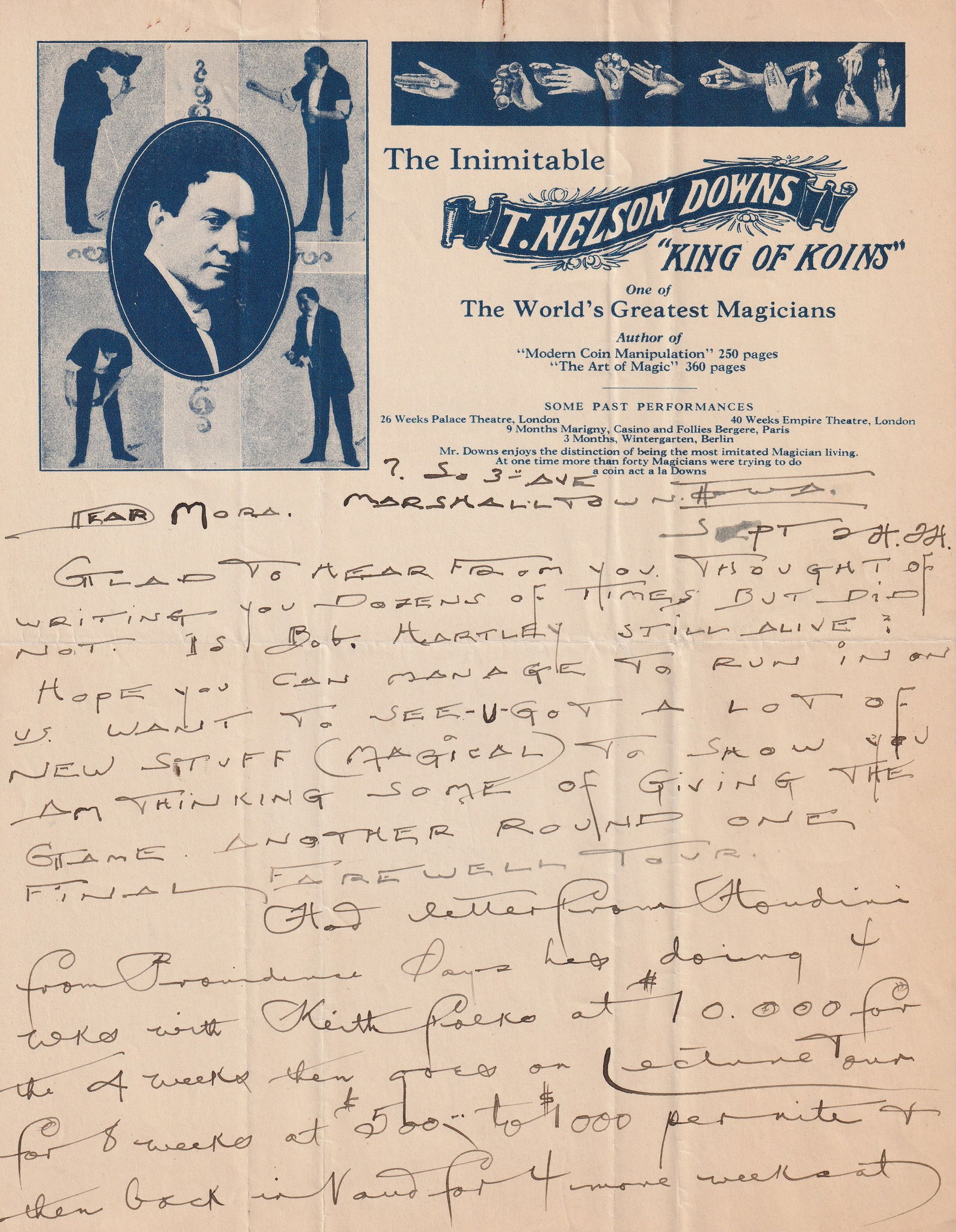 Downs Three Page Letter - Mentions Houdini's salary (1 of 2)