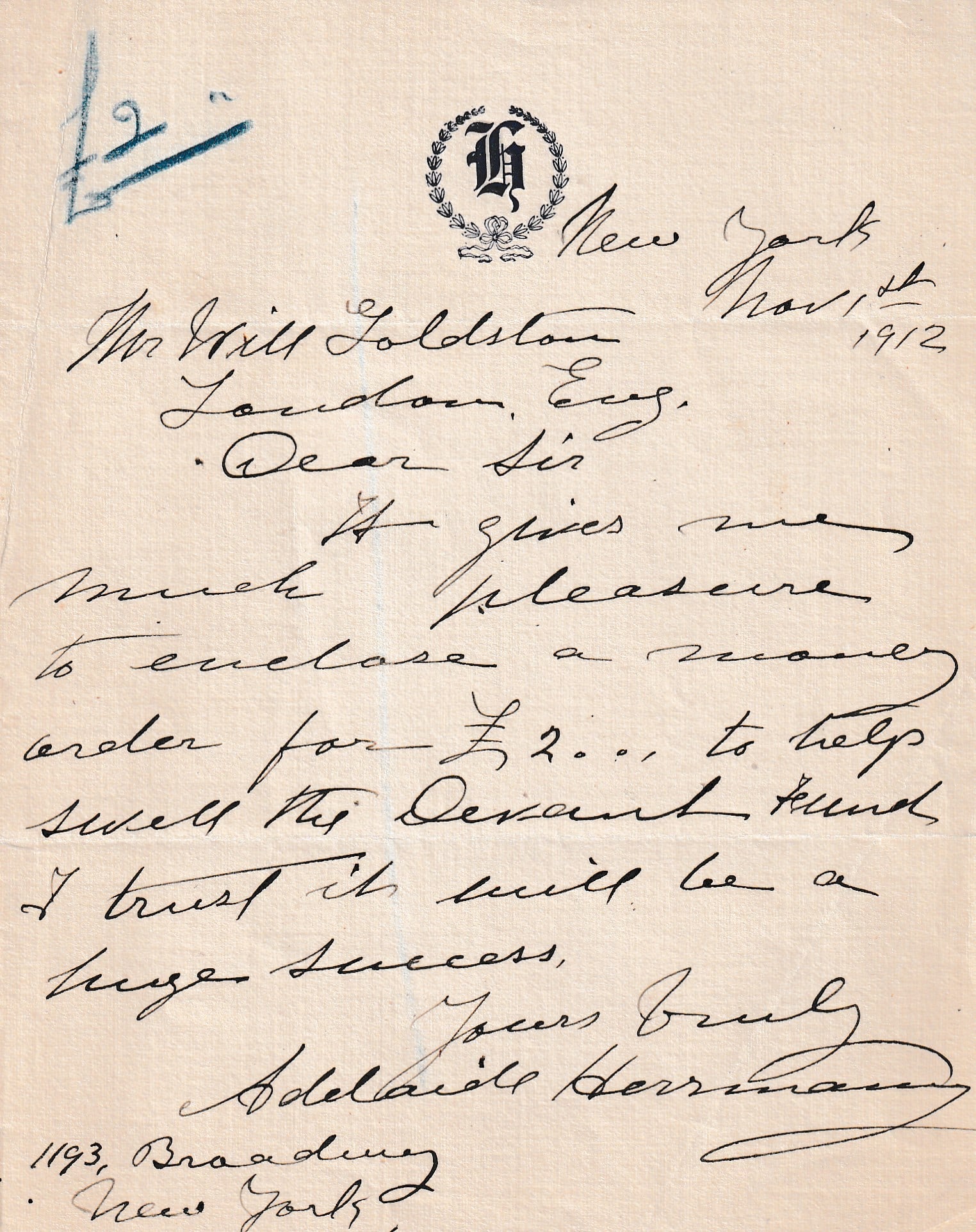 Adelaide Herrmann Magician Signed Letter - Devant - Goldston (1 of 1)