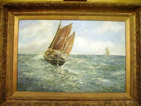 Original oil by William Langley: Sailboat, 39 3/4"x29 3/4" framed, 29 1/2"x19 1/2" inside diameter.