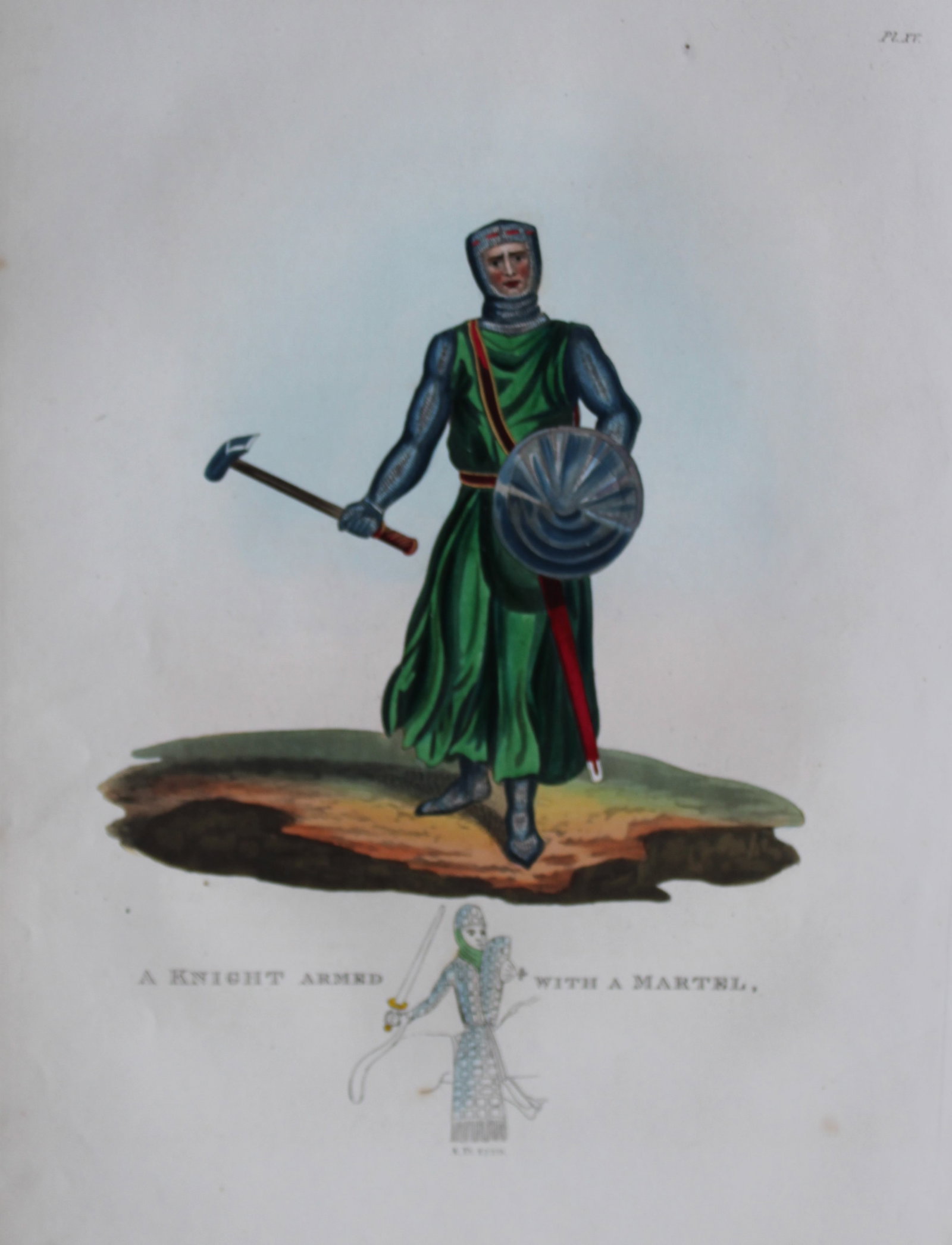 A Knight armed with a Martel by Samuel Meyrick 1842: This superb hand-coloured engraving of A Knight armed with a Martel is Plate XV from the 1842 enlarged folio edition of A Critical Inquiry into Antient Armour, as it existed in Europe, particularly in