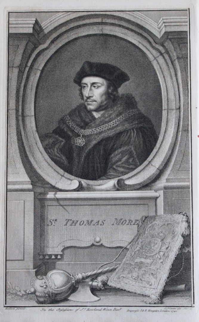 Sir Thomas More by Houbraken 1747: This engraving of Sir Thomas More is from The Heads of Illustrious Persons of Great Britain by Thomas Birch. Printed by John Knapton 1747, London. The engravings were by Jacobus Houbraken and George V