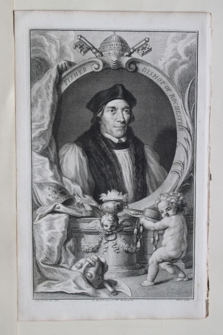 John Fisher, Bishop of Rochester by Houbraken 1747: This engraving of John Fisher, Bishop of Rochester is from The Heads of Illustrious Persons of Great Britain by Thomas Birch. Printed by John Knapton 1747, London. The engravings were by Jacobus Houbr