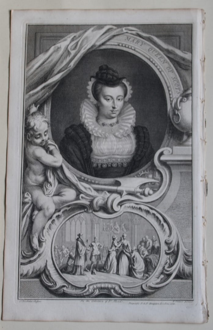 Mary, Queen of Scots by Houbraken 1747: This engraving of Mary, Queen of Scots and daughter of James V of Scotland is from The Heads of Illustrious Persons of Great Britain by Thomas Birch. Printed by John Knapton 1747, London. The engravin