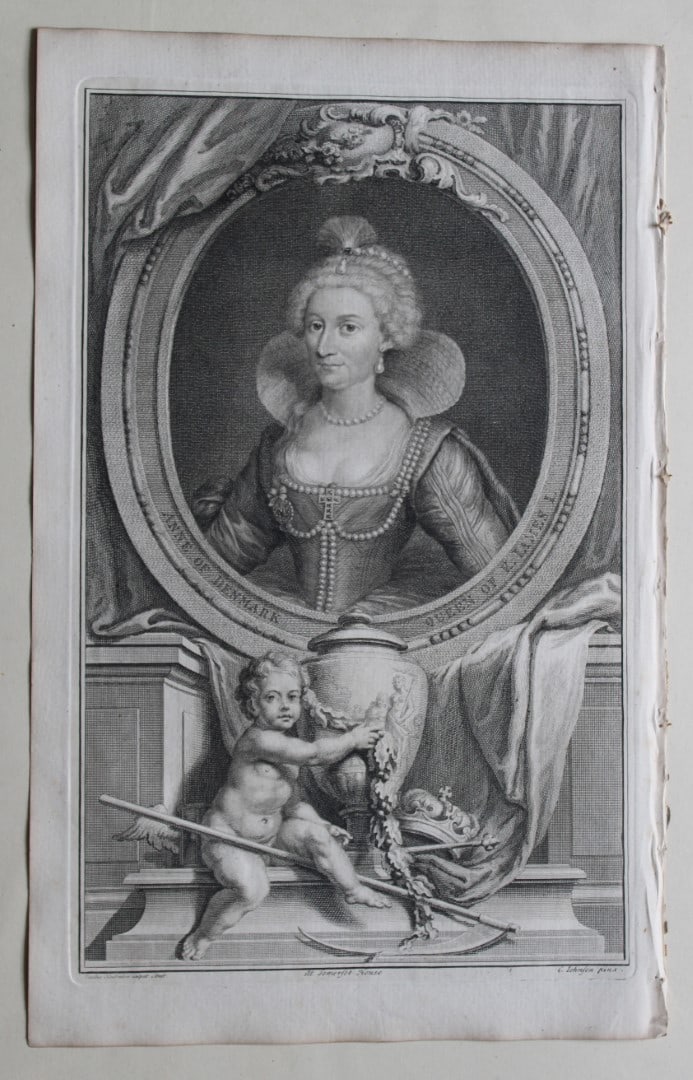 Queen Anne by Houbraken 1747: This engraving of Queen Anne, wife of James I is from The Heads of Illustrious Persons of Great Britain by Thomas Birch. Printed by John Knapton 1747, London. The engravings were by Jacobus Houbraken