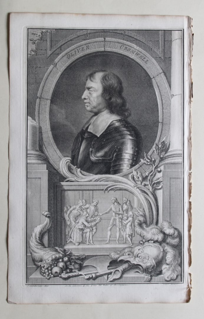 Oliver Cromwell by Houbraken 1747: This engraving of Oliver Cromwell, Lord Protector is from The Heads of Illustrious Persons of Great Britain by Thomas Birch. Printed by John Knapton 1747, London. The engravings were by Jacobus Houbra