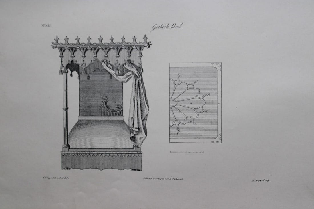 Gothic Bed design by Thomas Chippendale 1762: This engraving illustrates Design of a Gothick bed and is from the third edition of The Gentleman and Cabinet-Maker's Director: being a large collection of the most elegant and useful designs of house