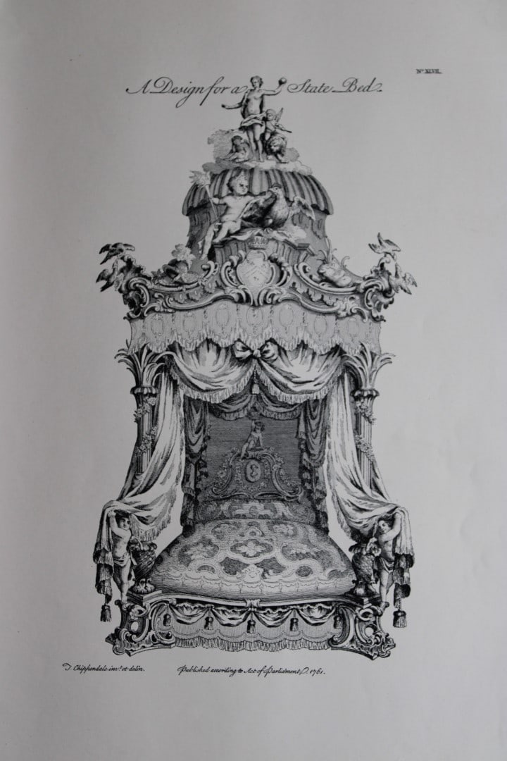 Design for a State bed by Thomas Chippendale 1762: This engraving illustrates Design for a State bed and is from the third edition of The Gentleman and Cabinet-Maker's Director: being a large collection of the most elegant and useful designs of househ