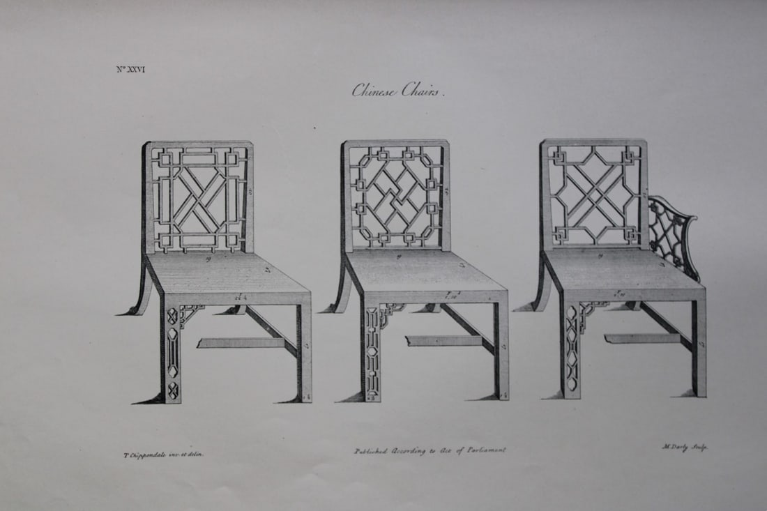 Chinese Chairs by Thomas Chippendale 1762: This engraving illustrates Chinese Chairs and is from the third edition of The Gentleman and Cabinet-Maker's Director: being a large collection of the most elegant and useful designs of household furn