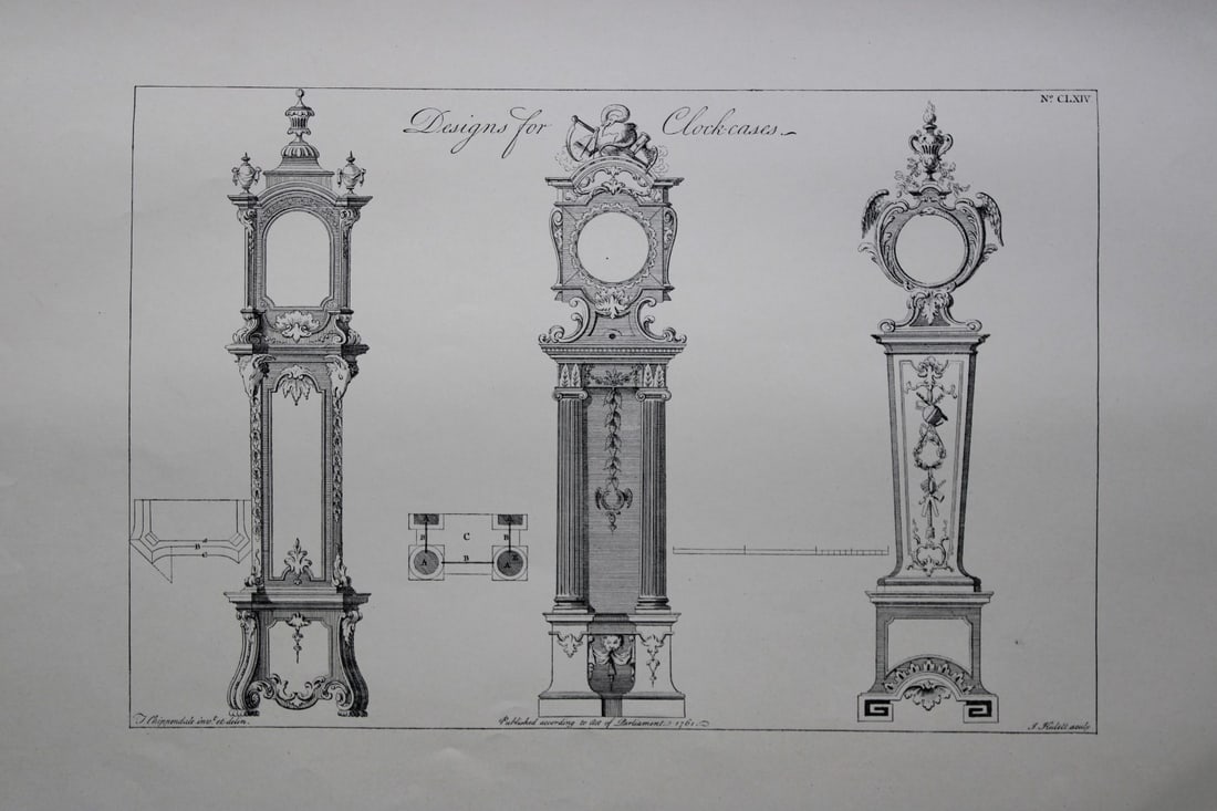 Clock cases by Thomas Chippendale 1762: This engraving illustrates Clock cases and is from the third edition of The Gentleman and Cabinet-Maker's Director: being a large collection of the most elegant and useful designs of household furnitu