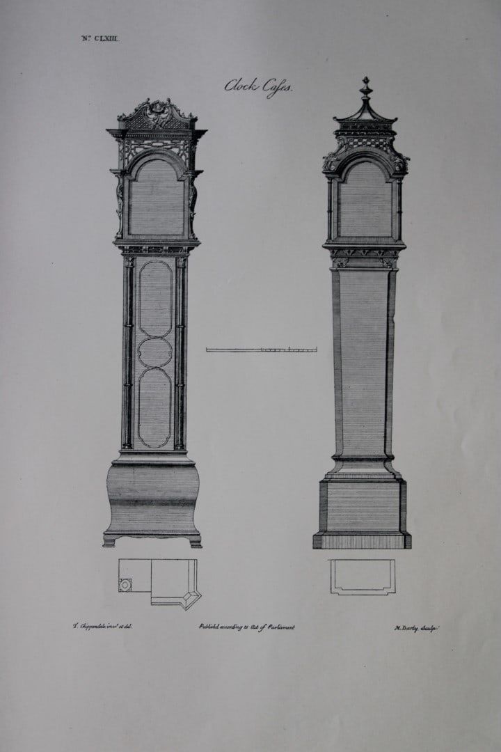 Clock cases by Thomas Chippendale 1762: This engraving illustrates Clock cases and is from the third edition of The Gentleman and Cabinet-Maker's Director: being a large collection of the most elegant and useful designs of household furnitu