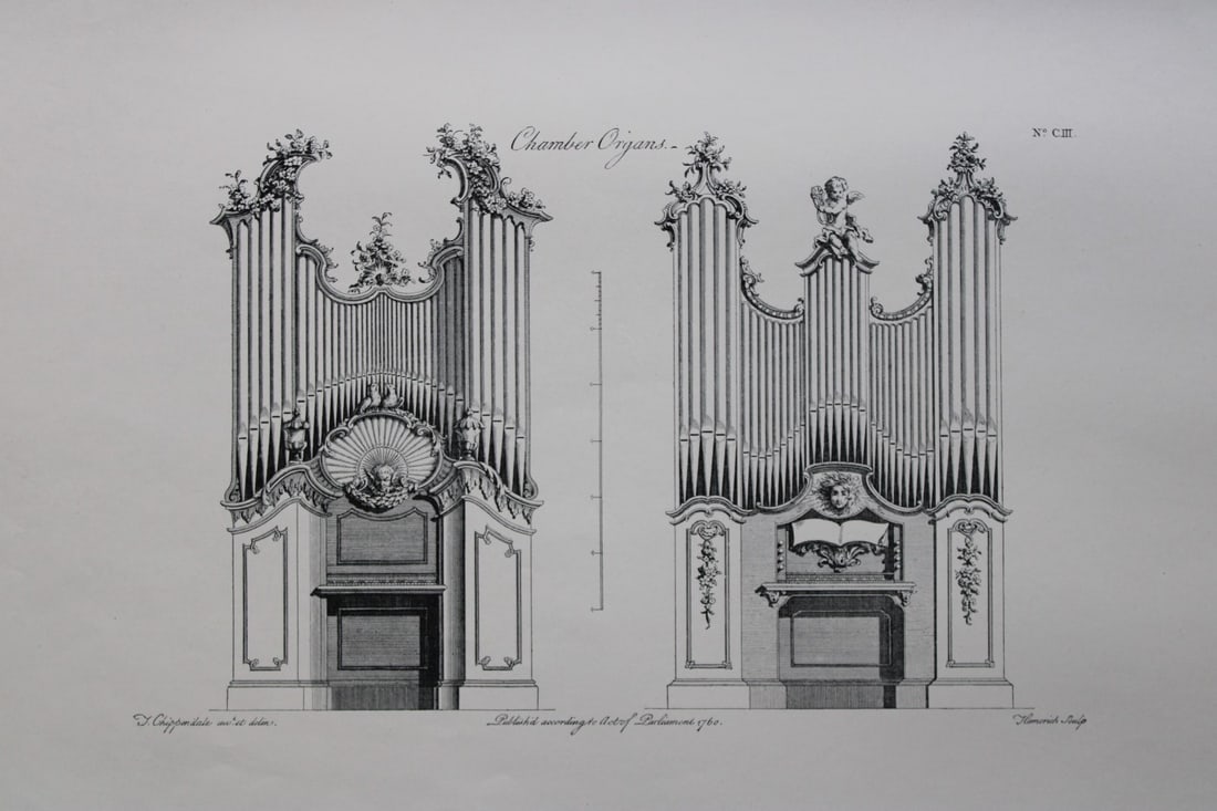 Chamber Organs by Thomas Chippendale 1762: This engraving illustrates Chamber Organs and is from the third edition of The Gentleman and Cabinet-Maker's Director: being a large collection of the most elegant and useful designs of household furn
