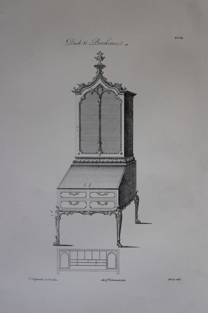 Desk & Bookcase by Thomas Chippendale 1762: This engraving illustrates Desk & Bookcase and is from the third edition of The Gentleman and Cabinet-Maker's Director: being a large collection of the most elegant and useful designs of household fur