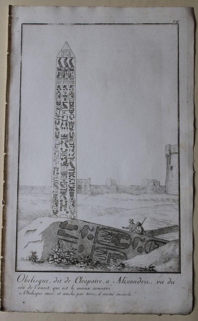 Cleopatra's Obelisk by Capt. FL Norden 1792: This copperplate engraving is from The Antiquities, Natural History, Ruins and Other Curiosities of Egypt, Nubia and Thebes by Frederic Lewis (or Ludvig) Norden. Printed for Edward Jeffreys,?London 17