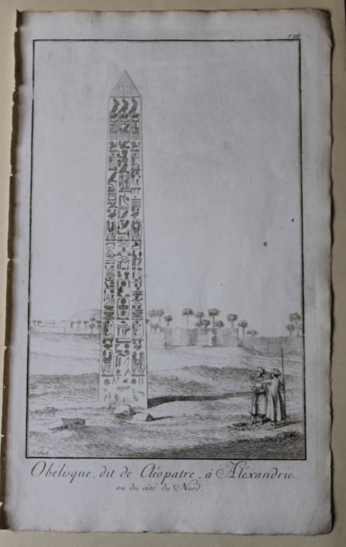 Cleopatra's Obelisk by Capt. FL Norden 1792: This copperplate engraving is from The Antiquities, Natural History, Ruins and Other Curiosities of Egypt, Nubia and Thebes by Frederic Lewis (or Ludvig) Norden. Printed for Edward Jeffreys,?London 17