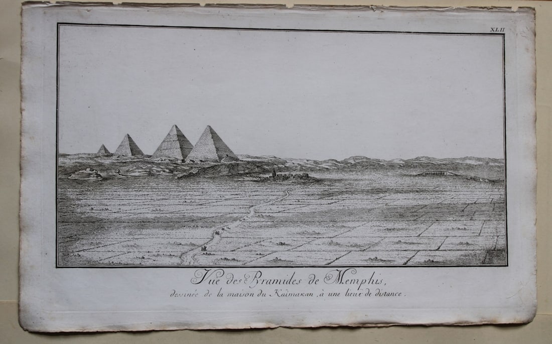 View of Pyramids of Memphis by Capt. FL Norden 1792: This copperplate engraving is from The Antiquities, Natural History, Ruins and Other Curiosities of Egypt, Nubia and Thebes by Frederic Lewis (or Ludvig) Norden. Printed for Edward Jeffreys,?London 17