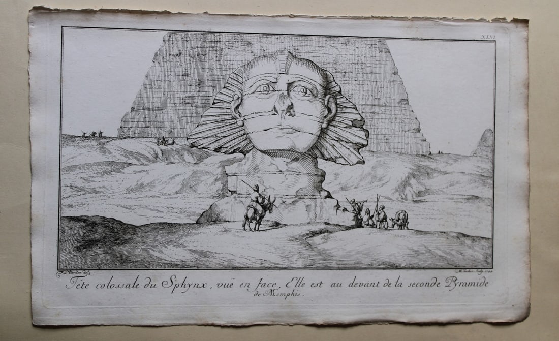 The Sphinx face on by Capt. FL Norden 1792: This copperplate engraving is from The Antiquities, Natural History, Ruins and Other Curiosities of Egypt, Nubia and Thebes by Frederic Lewis (or Ludvig) Norden. Printed for Edward Jeffreys,?London 17