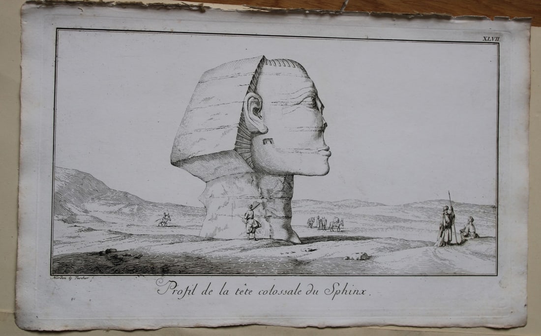 The Sphinx in profile by Capt. FL Norden 1792: This copperplate engraving is from The Antiquities, Natural History, Ruins and Other Curiosities of Egypt, Nubia and Thebes by Frederic Lewis (or Ludvig) Norden. Printed for Edward Jeffreys,?London 17