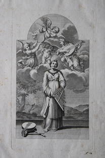 Rare engraving from school of Lodovico Carracci 1776: This rare copper engraving is from Il Claustro di S. Michele in Bosco di Bologna dipinto dal famoso Lodovico Carracci e da altri Eccellenti Maestri usciti Dalla Sua Scuola descritto ed illustrato da G
