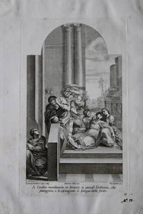 Rare engraving from school of Lodovico Carracci 1776: This rare copper engraving is from Il Claustro di S. Michele in Bosco di Bologna dipinto dal famoso Lodovico Carracci e da altri Eccellenti Maestri usciti Dalla Sua Scuola descritto ed illustrato da G