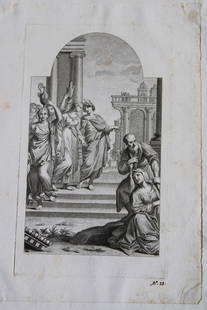 Rare engraving from school of Lodovico Carracci 1776: This rare copper engraving is from Il Claustro di S. Michele in Bosco di Bologna dipinto dal famoso Lodovico Carracci e da altri Eccellenti Maestri usciti Dalla Sua Scuola descritto ed illustrato da G