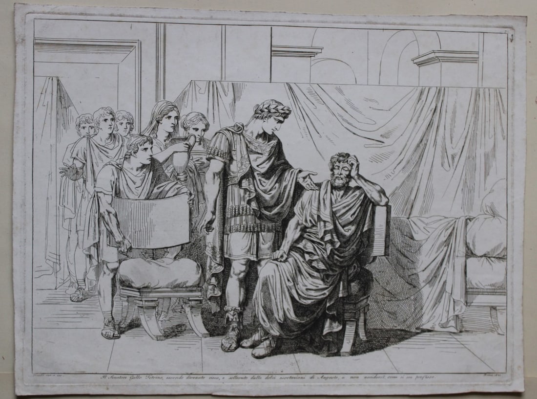 Senator Gallo Tetrino & Augustus by B Pinelli 1822: This etching is from Istoria Romana (Roman History) by Bartolomeo Pinelli. Published by Presso Vincenzo Poggioli, Rome 1821.The full title of this work is Raccolta di No. 100 Soggetti Li Più Rimarche