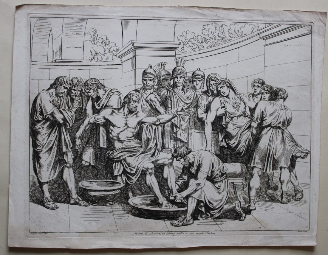 Death of Seneca, the last goodbye by B Pinelli 1822: This etching is from Istoria Romana (Roman History) by Bartolomeo Pinelli. Published by Presso Vincenzo Poggioli, Rome 1821.The full title of this work is Raccolta di No. 100 Soggetti Li Più Rimarche