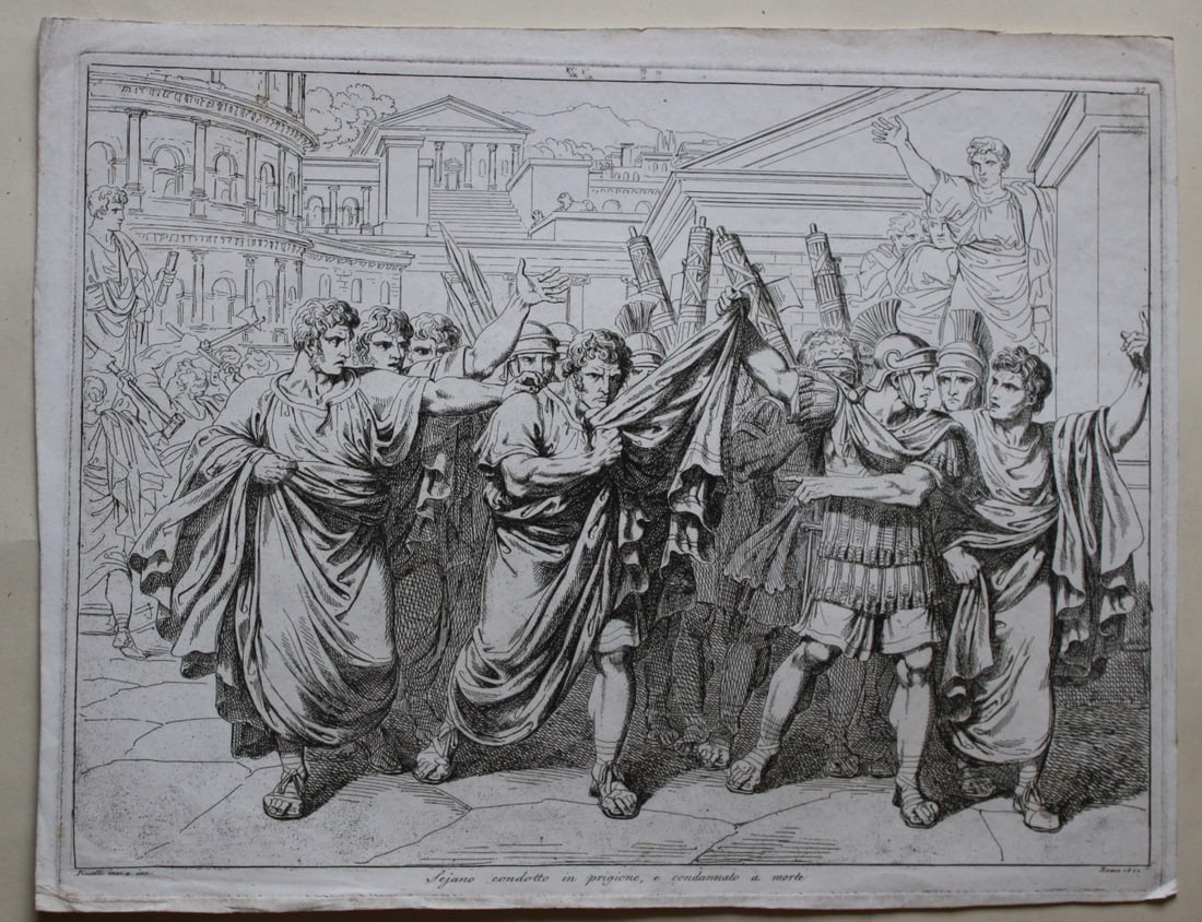 Taken to prison and sentenced to death by Pinelli 1824: This etching is from Istoria Romana (Roman History) by Bartolomeo Pinelli. Published by Presso Vincenzo Poggioli, Rome 1821.The full title of this work is Raccolta di No. 100 Soggetti Li Più Rimarche
