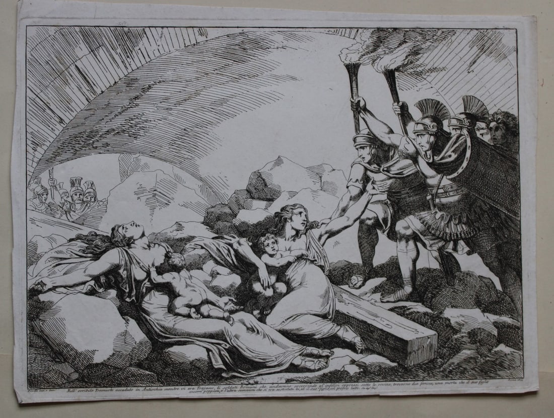 The horrible earthquake in Antioch by B Pinelli 1823: This etching is from Istoria Romana (Roman History) by Bartolomeo Pinelli. Published by Presso Vincenzo Poggioli, Rome 1821.The full title of this work is Raccolta di No. 100 Soggetti Li Più Rimarche