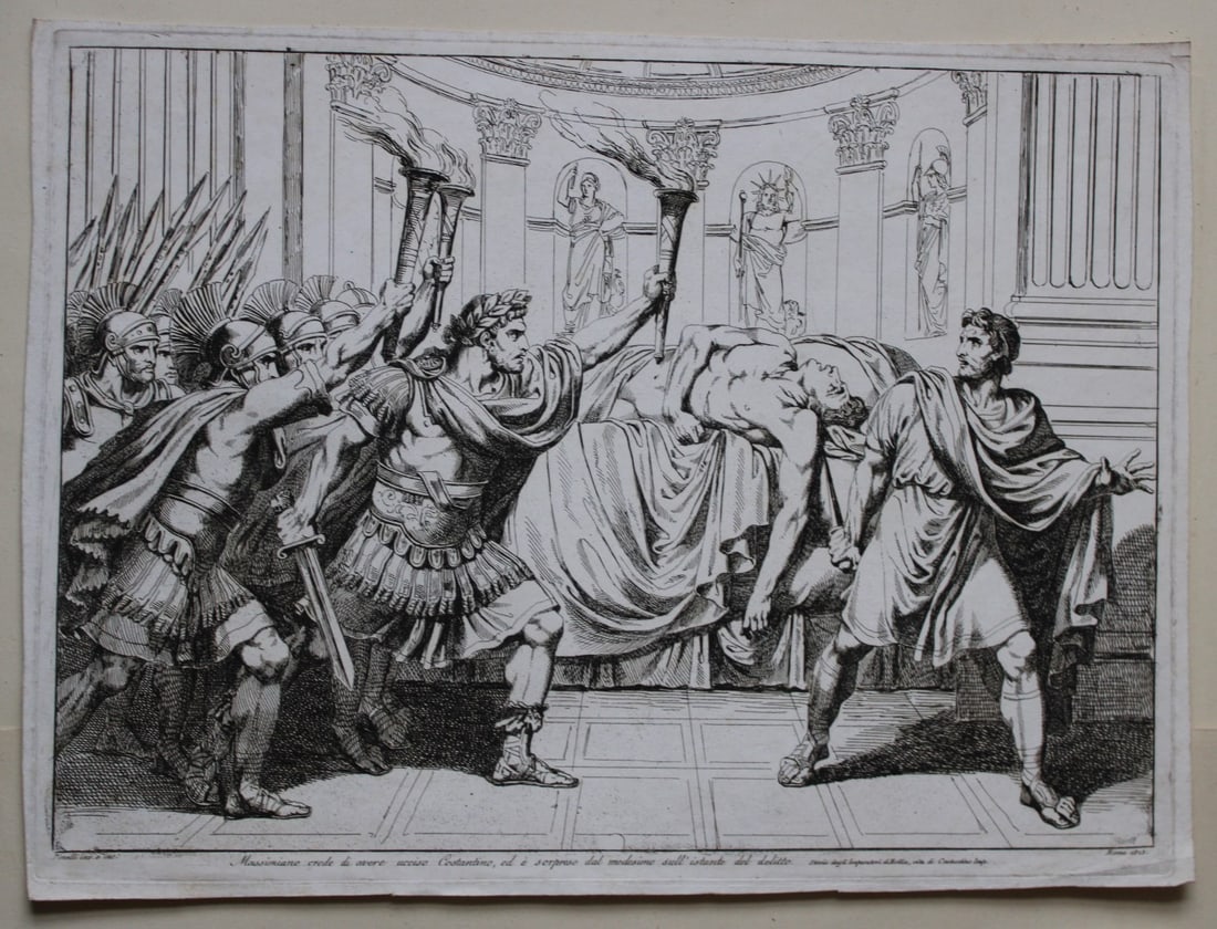 Massimiano & Constantine by B Pinelli 1821: This etching is from Istoria Romana (Roman History) by Bartolomeo Pinelli. Published by Presso Vincenzo Poggioli, Rome 1821.The full title of this work is Raccolta di No. 100 Soggetti Li Più Rimarche