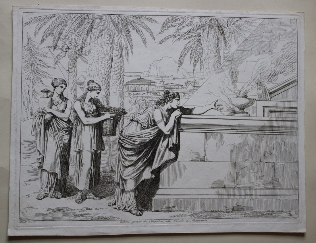 Cleopatra at the tomb of Mark Antony by B Pinelli 1821: This etching is from Istoria Romana (Roman History) by Bartolomeo Pinelli. Published by Presso Vincenzo Poggioli, Rome 1821.The full title of this work is Raccolta di No. 100 Soggetti Li Più Rimarche