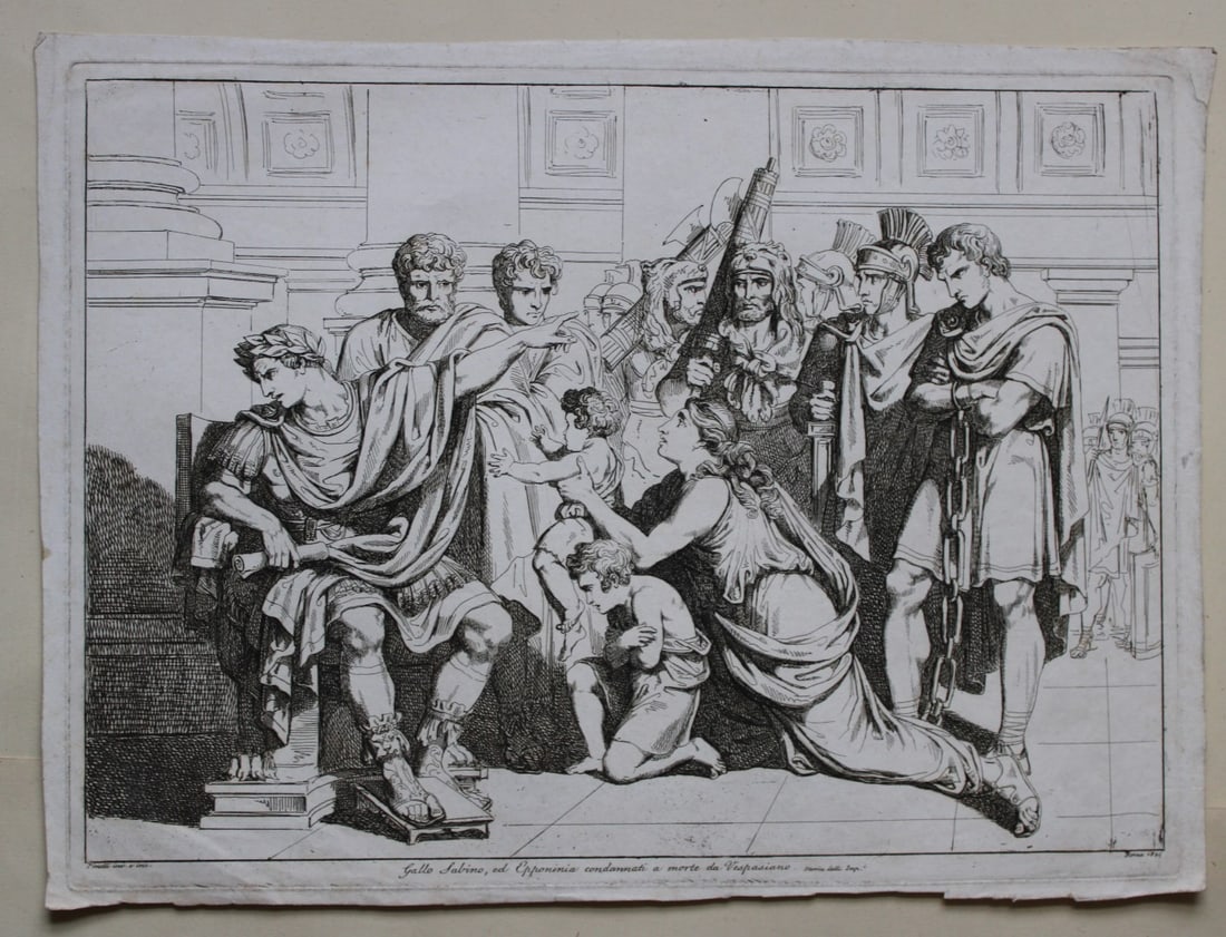 Gallus Sabrinus condemned to death by Pinelli 1824: This etching is from Istoria Romana (Roman History) by Bartolomeo Pinelli. Published by Presso Vincenzo Poggioli, Rome 1821.The full title of this work is Raccolta di No. 100 Soggetti Li Più Rimarche