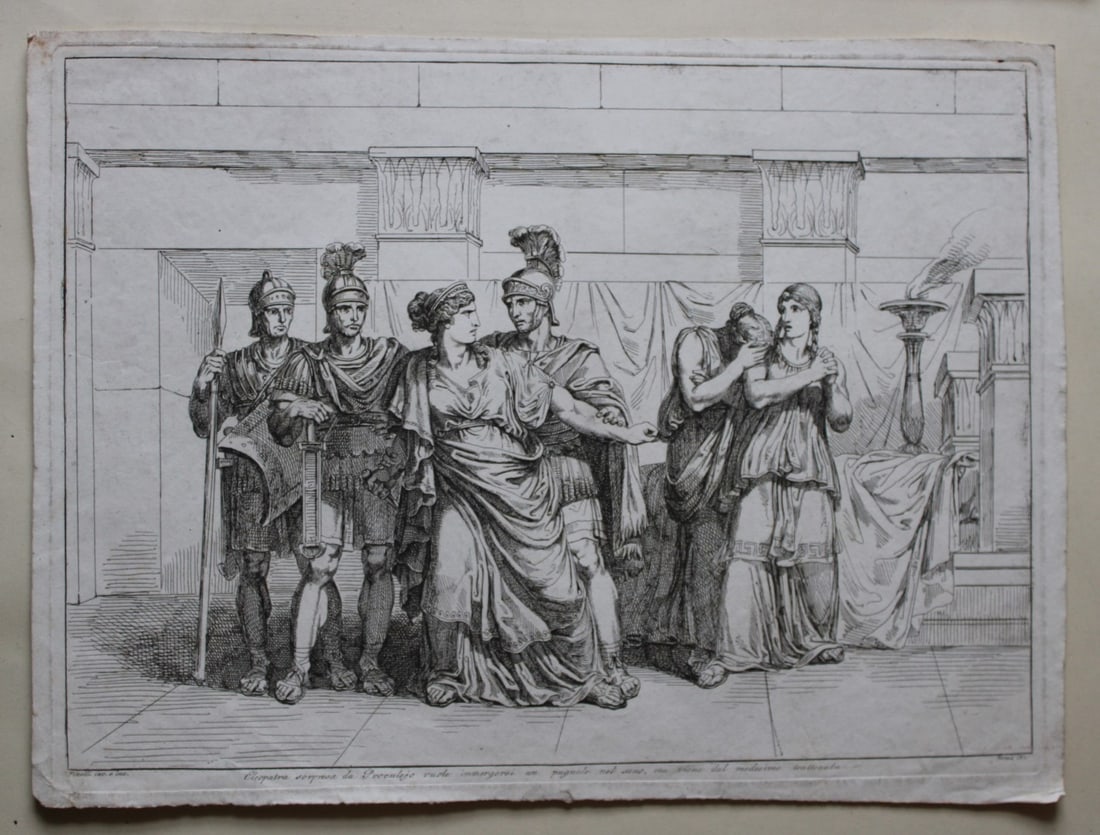 Cleopatra surprised by Proculejo by B Pinelli 1821: This etching is from Istoria Romana (Roman History) by Bartolomeo Pinelli. Published by Presso Vincenzo Poggioli, Rome 1821.The full title of this work is Raccolta di No. 100 Soggetti Li Più Rimarche