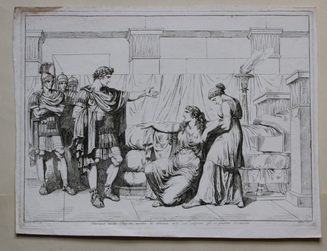 Octavian visits Cleopatra by B Pinelli 1822: This etching is from Istoria Romana (Roman History) by Bartolomeo Pinelli. Published by Presso Vincenzo Poggioli, Rome 1821.The full title of this work is Raccolta di No. 100 Soggetti Li Più Rimarche