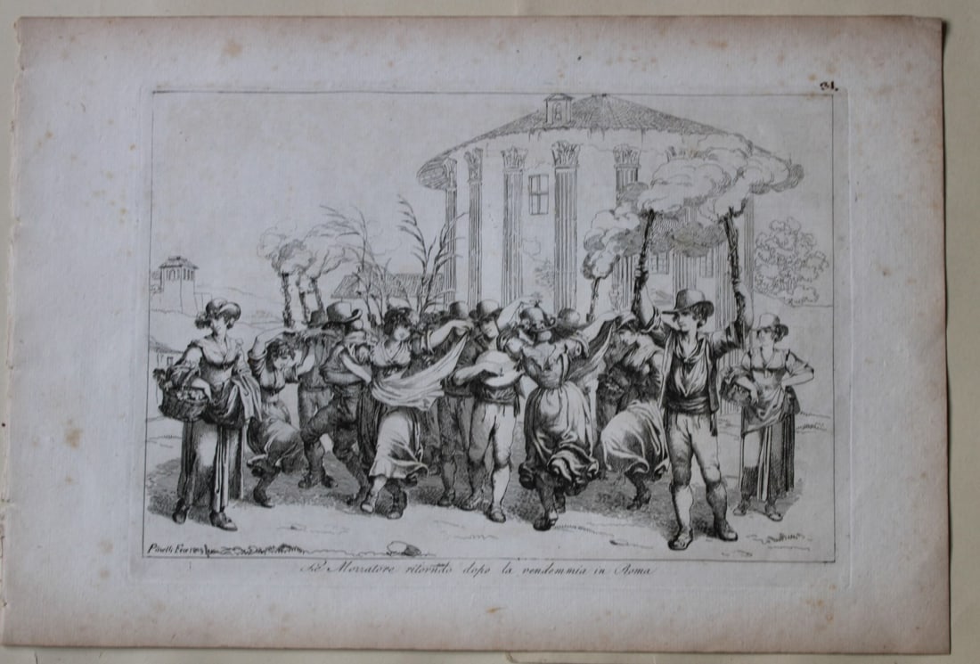 Mozzatore ritorndo dopo la vendemmia by Pinelli 1809: This etching is from Raccolta di Cinquanta Costumi Pittoreschi incisi all acqua forte da Bartolomeo Pinelli Romano. Published by Lorenzo Lazzari, Rome 1809.This plate is entitled: Il Mazzatore ritornd
