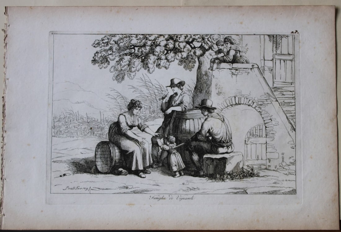 Famiglia di Vignaroli by B Pinelli 1809: This etching is from Raccolta di Cinquanta Costumi Pittoreschi incisi all acqua forte da Bartolomeo Pinelli Romano. Published by Lorenzo Lazzari, Rome 1809.This plate is entitled: Famiglia di Vignarol