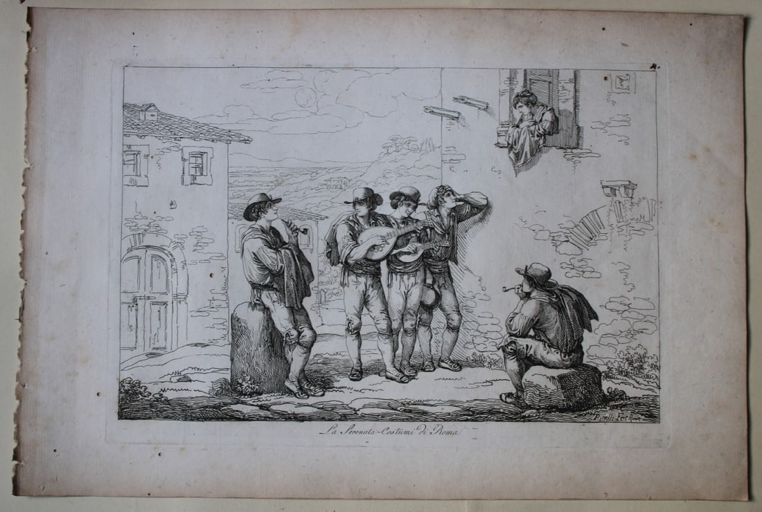 La Serenata Costumi di Roma by B Pinelli 1809: This etching is from Raccolta di Cinquanta Costumi Pittoreschi incisi all acqua forte da Bartolomeo Pinelli Romano. Published by Lorenzo Lazzari, Rome 1809.This plate is entitled: La Serenata Costumi