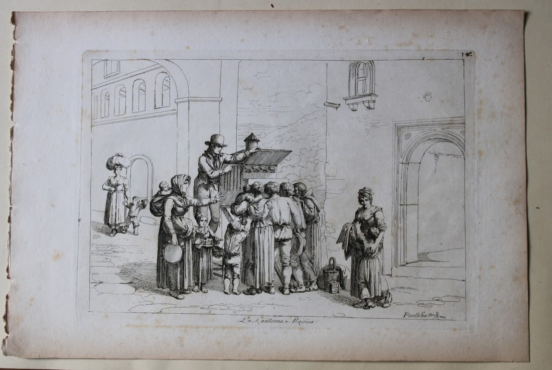 La Lanterna Magica by B Pinelli 1809: This etching is from Raccolta di Cinquanta Costumi Pittoreschi incisi all acqua forte da Bartolomeo Pinelli Romano. Published by Lorenzo Lazzari, Rome 1809.This plate is entitled: La Lanterna MagicaTh