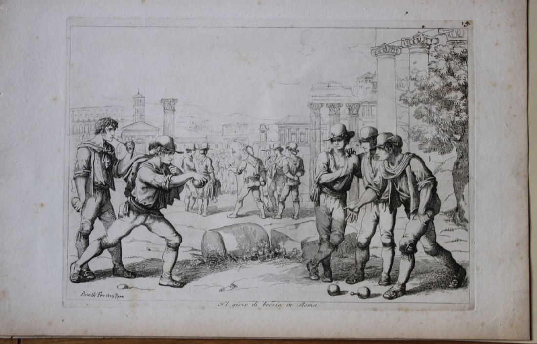 Il gioco di boccia in Roma by B Pinelli 1809: This etching is from Raccolta di Cinquanta Costumi Pittoreschi incisi all acqua forte da Bartolomeo Pinelli Romano. Published by Lorenzo Lazzari, Rome 1809.This plate is entitled: Il gioco di boccia i