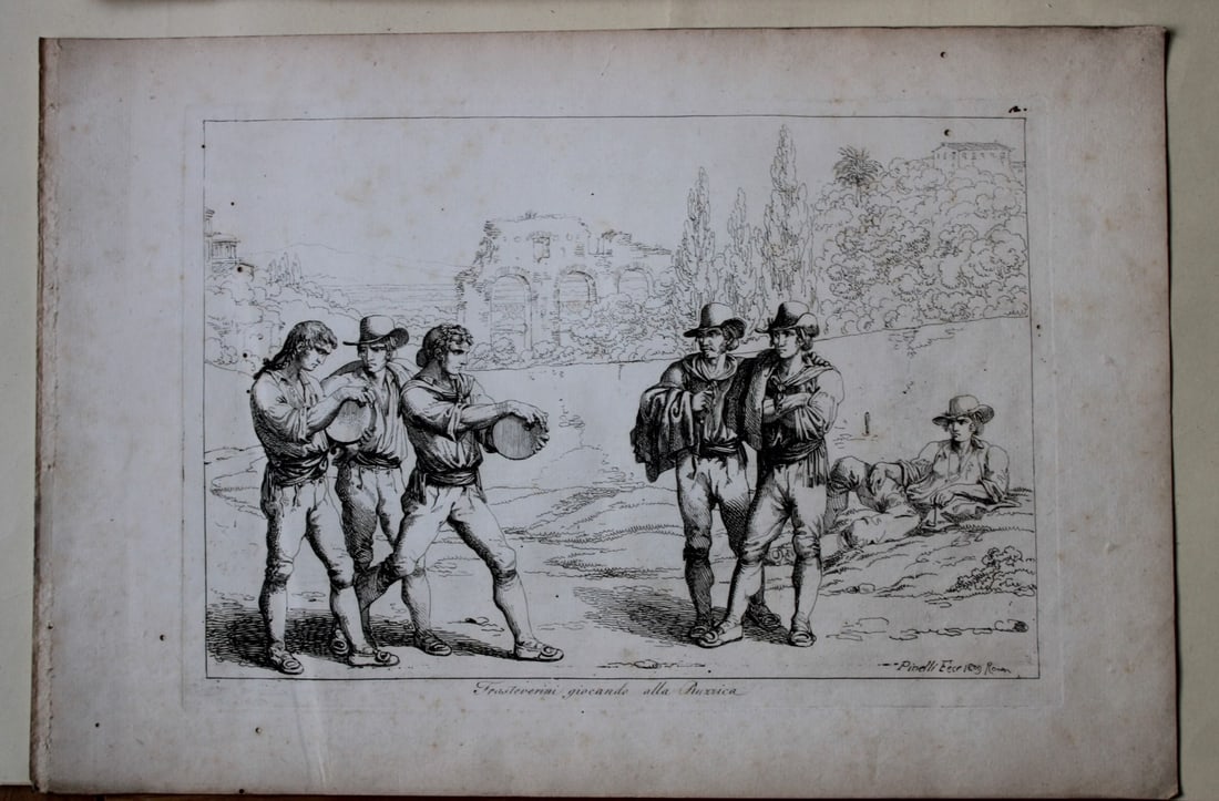 Trasteverini giocando alla Ruzzica by B Pinelli 1809: This etching is from Raccolta di Cinquanta Costumi Pittoreschi incisi all acqua forte da Bartolomeo Pinelli Romano. Published by Lorenzo Lazzari, Rome 1809.This plate is entitled: Frestevenini giocand