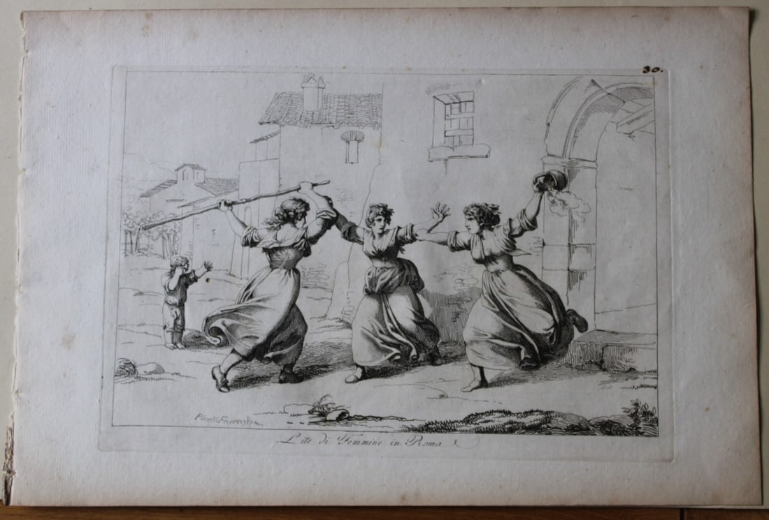 Lite di Femmine in Roma by B Pinelli 1809: This etching is from Raccolta di Cinquanta Costumi Pittoreschi incisi all acqua forte da Bartolomeo Pinelli Romano. Published by Lorenzo Lazzari, Rome 1809.This plate is entitled: Lite di Femmine in R