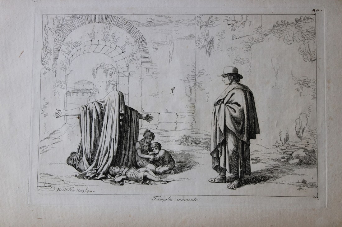 Famiglia indigente by B Pinelli 1809: This etching is from Raccolta di Cinquanta Costumi Pittoreschi incisi all acqua forte da Bartolomeo Pinelli Romano. Published by Lorenzo Lazzari, Rome 1809.This plate is entitled: Famiglia indigenteTh