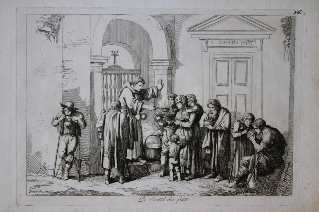 La Carita dei frati by B Pinelli 1809: This etching is from Raccolta di Cinquanta Costumi Pittoreschi incisi all acqua forte da Bartolomeo Pinelli Romano. Published by Lorenzo Lazzari, Rome 1809.This plate is entitled: La Carita dei frali