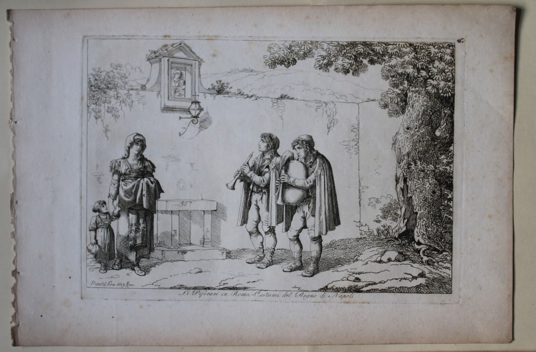 Li Piferari in Roma by B Pinelli 1809: This etching is from Raccolta di Cinquanta Costumi Pittoreschi incisi all acqua forte da Bartolomeo Pinelli Romano. Published by Lorenzo Lazzari, Rome 1809.This plate is entitled: Li Piferari in RomaT