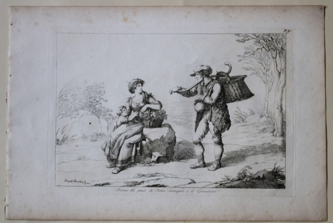 Donna del paese di Pietra Ferrazana by B Pinelli 1809: This etching is from Raccolta di Cinquanta Costumi Pittoreschi incisi all acqua forte da Bartolomeo Pinelli Romano. Published by Lorenzo Lazzari, Rome 1809.This plate is entitled: Donna del paese di P