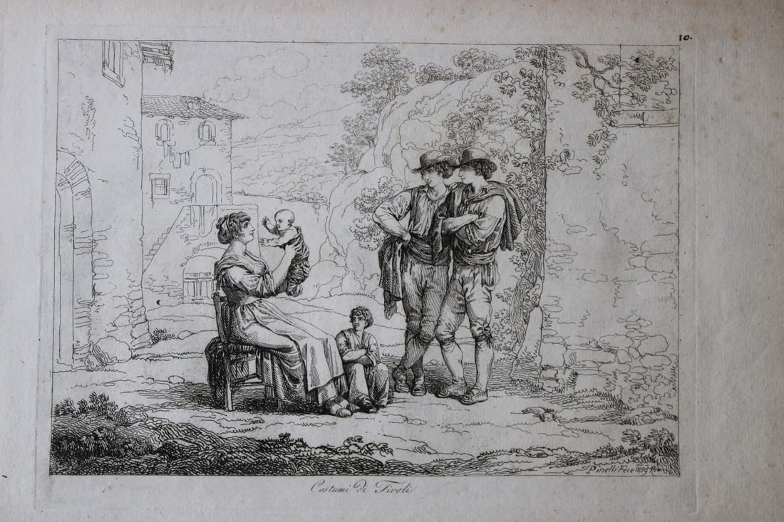 Costumi di Tivoli by B Pinelli 1809: This etching is from Raccolta di Cinquanta Costumi Pittoreschi incisi all acqua forte da Bartolomeo Pinelli Romano. Published by Lorenzo Lazzari, Rome 1809.This plate is entitled: Costumi di TivoliThi